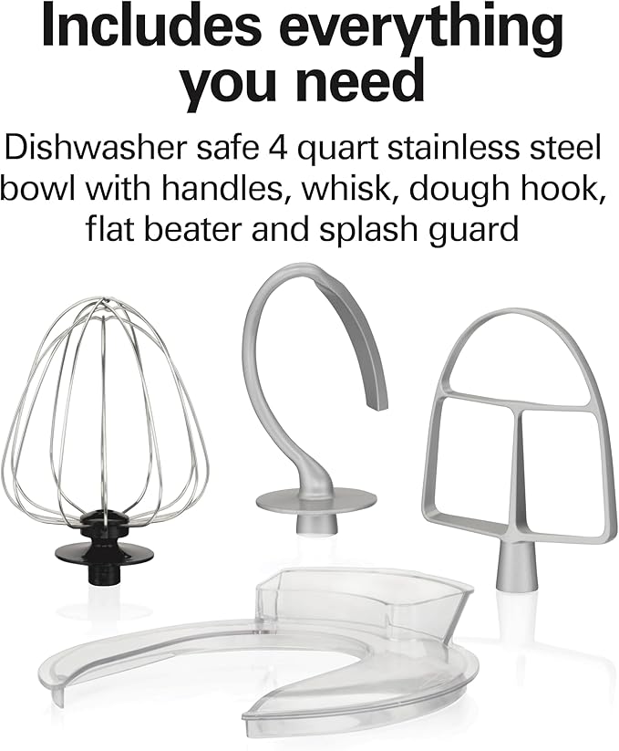 Hamilton Beach Electric Stand Mixer, 4 Quarts, Dough Hook, Flat Beater Attachments, Splash Guard 7 Speeds with Whisk, Easy-Carry Top Handle, Black