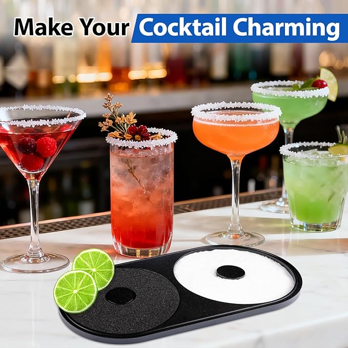 Margarita Salt Rimmer Set, 1 Pack Bar Salt and Sugar Rimmer with Sponge, 2-in-1 Bar Glass Cocktail Rim Set, Dishwasher Safe Black Barware Tools for Margarita Mojitos (Black)