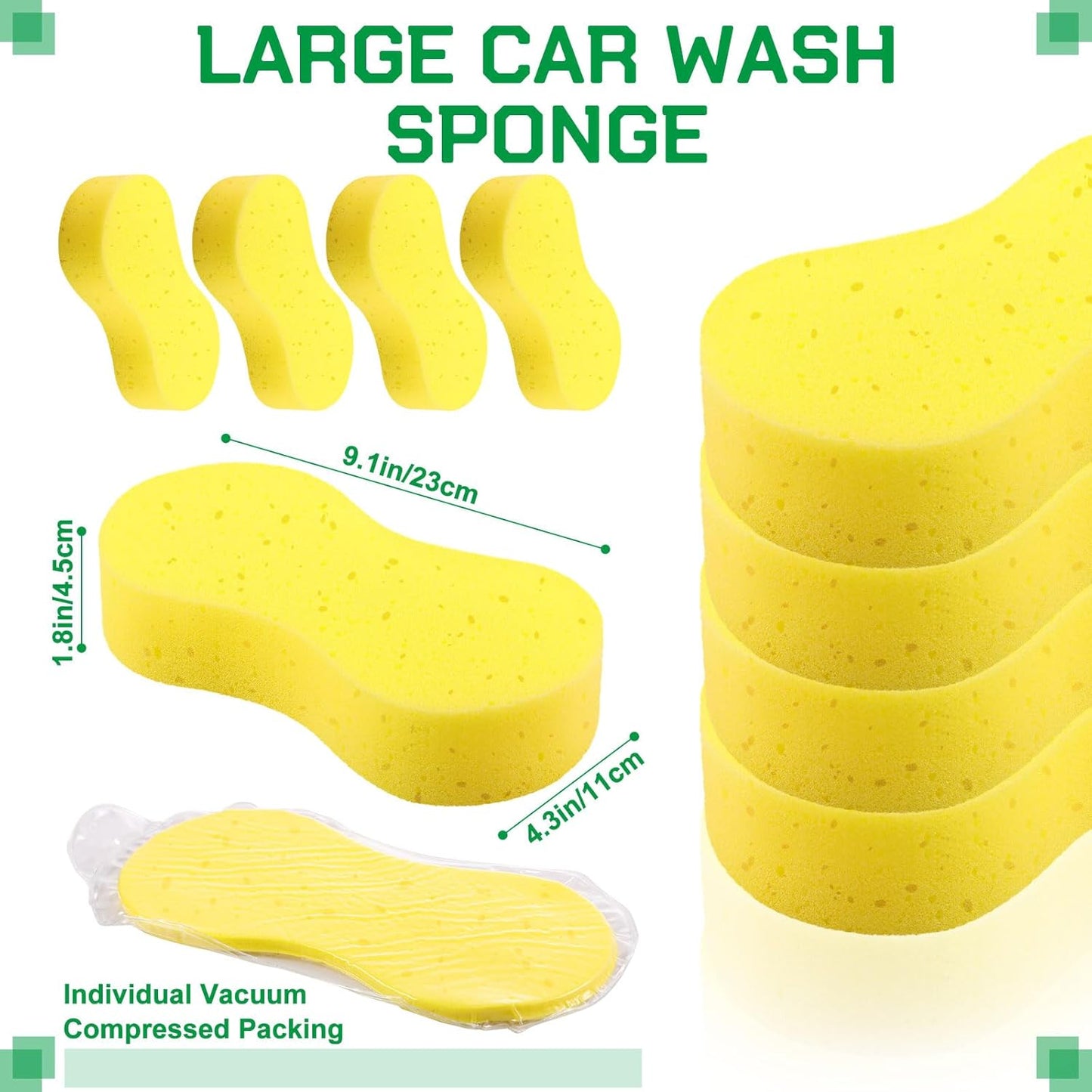 Vesici 24 Pack Car Wash Sponges Large Sponges Bulk Big All-Purpose Scrubber Thick Foam Car Cleaning Supplies for Washing Boat Kitchen Household with Single Vacuum Compressed Packing (Bright Yellow)