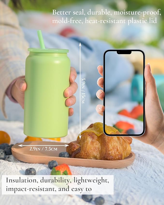 16oz Glass Cups With Lids and Straws, Stainless Steel Beer and Iced Coffee Cups, Smoothie Drinking Cup, Light Green (Textured Matte Finish, Not Sublimatable)