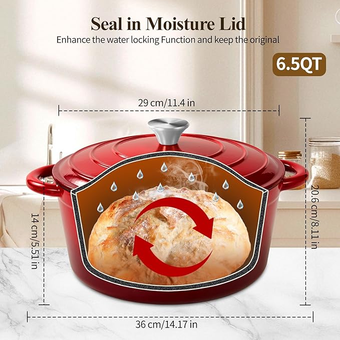 Enameled Cast Iron Dutch Oven with Lid -6.5 QT, incl. Sourdough Bread-Baking Supplies like Banneton Proofing Basket, Heavy Duty Cookware Bread-Oven for Baking, Stews, and Roasting, cherry red