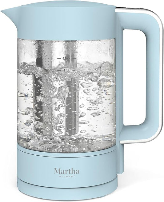 Martha Stewart Electric Kettle with Removable Stainless Steel Tea Infuser, Glass Carafe 1.7L (7 Cups), Hot Water Boiler, 4 Presets, Keep Warm & Auto Shut-Off, Cordless 360° Swivel Base, Sky Blue