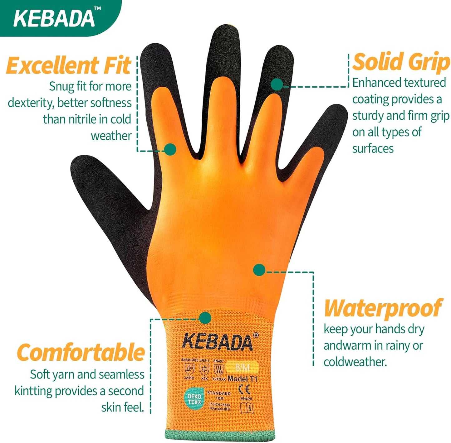 Kebada T1 3 Pairs Waterproof Winter Work Gloves for Men and Women, Warm Work Gloves for Cold Weather, Thermal Insulated Freezer Gloves, 100% Latex Coating & Super Grip, Unisex, Medium