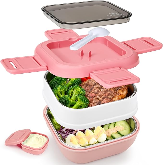 Sinnsally Bento Box Adult Lunch Box with Stainless Steel Container,Metal Lunchable Food Storage Container with Sauce Jar (Pink)