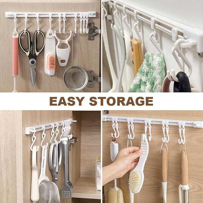 Multifunctional Slide Rail Hook,Kitchen Utensil Hanging Rack Wall Mounted Hanger,Space Saving Utensil Holder with 10 Hooks ,Sliding Track Hook No Drilling Hanger for Home Office (Length 40cm/2pcs)