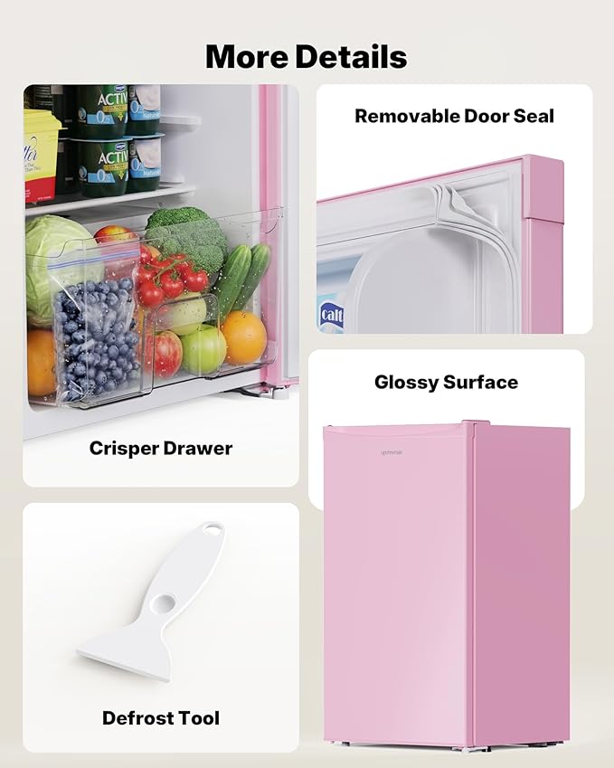 Upstreman 3.2 Cu.Ft Mini Fridge with Freezer, Single Door Compact Refrigerator, Adjustable Thermostat, Small Refrigerator for Dorm, Bedroom, Office, Pink-BR321