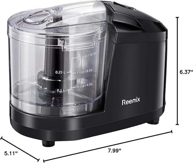 Reemix 1.5-Cup One-Touch Electric Food Chopper, 100W Mini Food Processor Meat Grinder, Mix, Chop, Mince and Blend Vegetables, Fruits, Nuts, Meats, Stainless Steel Blade (Black)