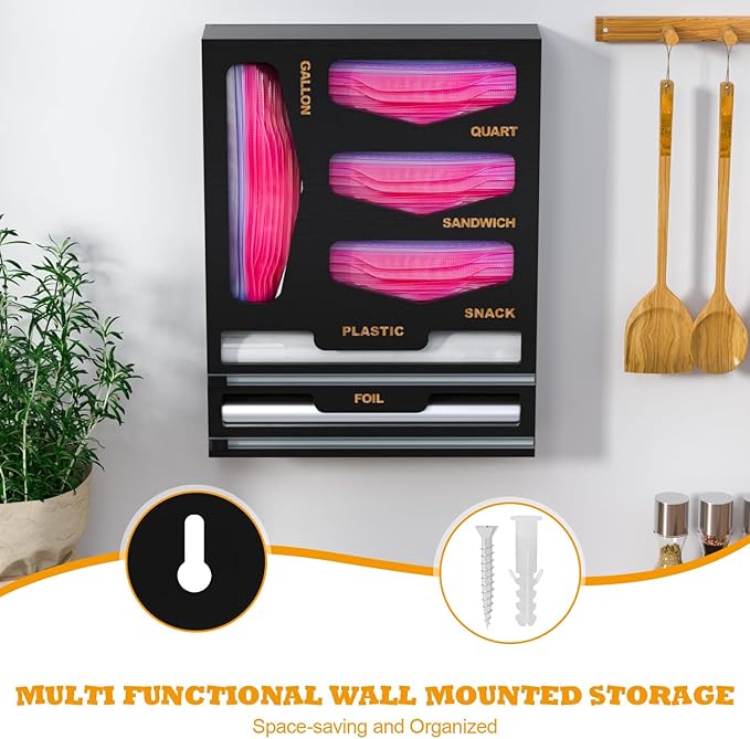 DALSHABET Bamboo Bag Organizer with Magnetic Closure, 6 In 1 Kitchen Drawer Foil and Plastic Wrap Dispenser with Cutter, Storage bag for Gallon, Quart, Sandwich, Snack Black