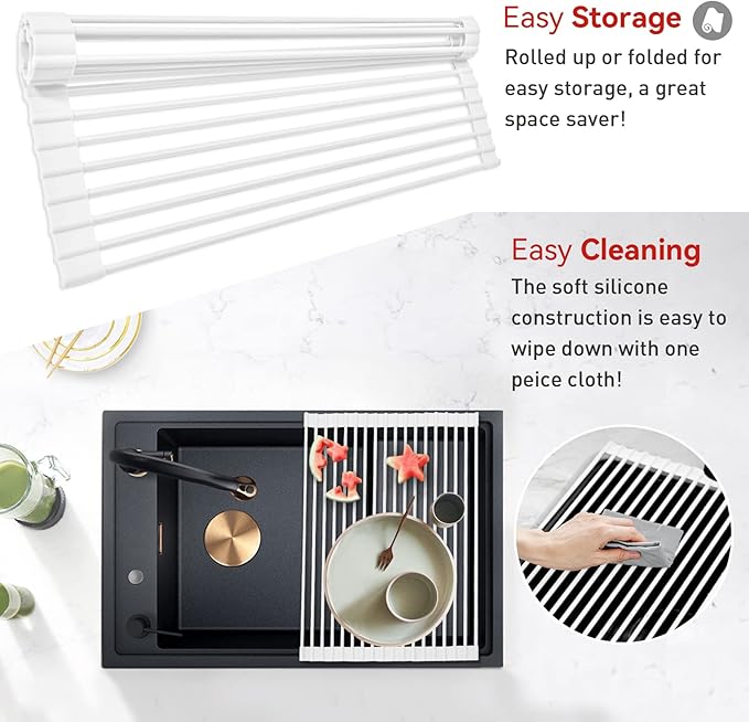 MERRYBOX Roll Up Dish Drying Rack Silicone Wrapped Over The Sink Dish Rack Foldable Dish Drainer Anti-Slip Dish Racks for Kitchen Counter, Multipurpose Kitchen Sink Drying Rack, 20.5" x 13", White
