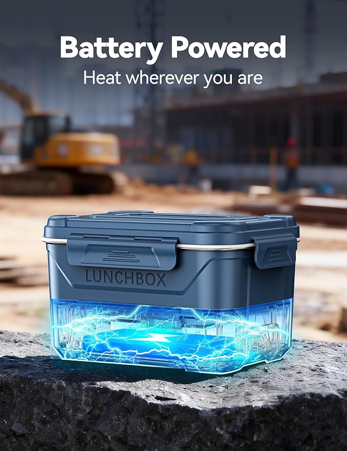 EAST OAK Heated Lunch Box for Men, Electric Lunch Box for Adults, 5.5 Cups Cordless Portable Food Warmer, Rechargeable Self Heating Food Heater with Memory Function, Automatic Keep Warm(Navy Blue)