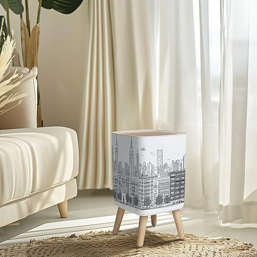 Small Trash Can with Lid Hand drawn panorama New York City skyline cityscape seamless suitable Wastebasket with Press Cover Dog Proof Garbage Can Waste Bin for Kitchen Bathroom Nursery 2.6 Gallon