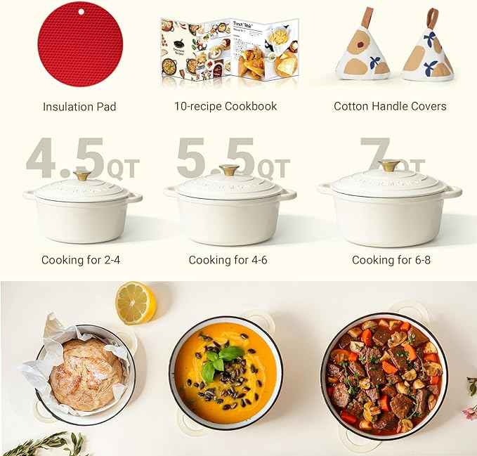 Overmont Enameled Cast Iron Dutch Oven - 5.5QT Pot with Lid Cookbook & Cotton Potholders - Heavy-Duty Cookware for Braising, Stews, Roasting, Bread Baking Cream White