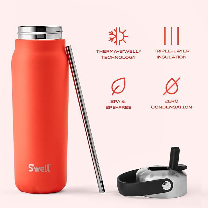 S'well Recycled Stainless Steel Explorer with Flip Straw Lid, 24oz, Radiant Coral, Triple Layered Vacuum Insulated Container Keeps Drinks Cold for 36 Hours and Hot for 8, BPA Free, Built In Handle