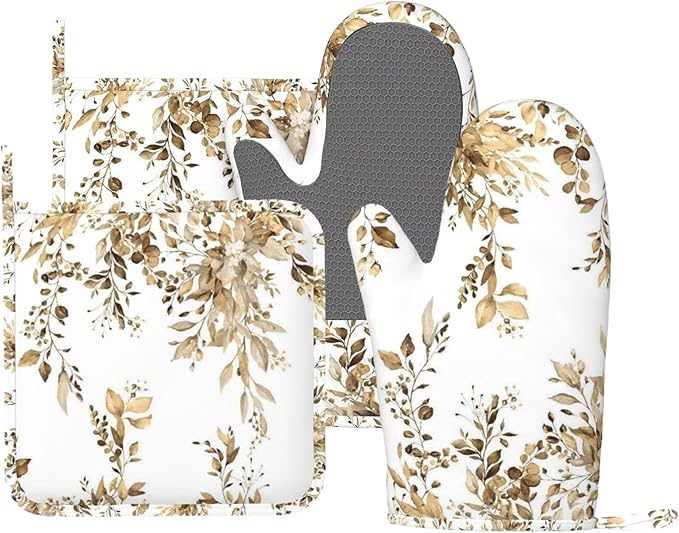 Brown Eucalyptus Oven Mitts and Pot Holders Set, 4pcs Silicone Watercolor Plant Leaves with Floral Oven Glove for Kitchen Heat Resistant Oven Mitts and Potholders Non-Slip for Cooking