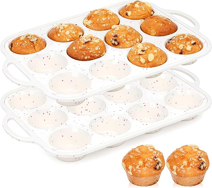 silicone muffin pan for baking with metal frame (Cream, Regular：12-Cup x 2 Pcs)