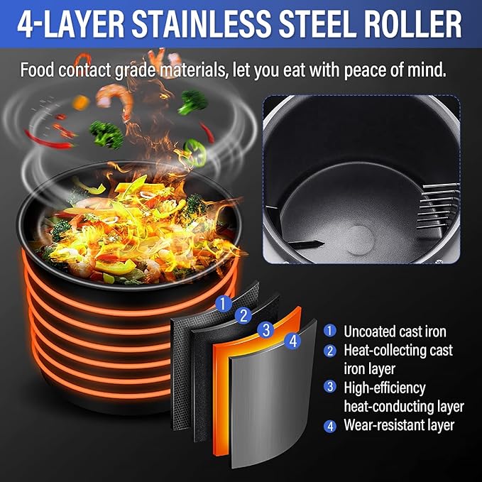 Automatic Stir Fry Machine Countertop Cooker with Water Spray & Drum Design – Natural Gas Smart 360° Cooking Machine Capacity 1.5L-9.3L,110V 100W