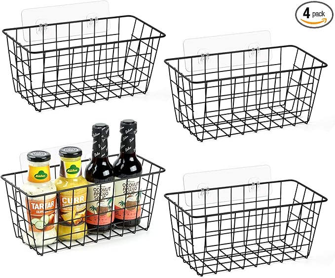 ZUSHALLMY 4 Pack Hanging Kitchen Baskets, Adhesive Wire Wall Storage Basket, No Drilling Hanging Fruit Baskets, Cabinet Door Organizer for Kitchen Bathroom Pantry, Upgrade Super-sized Adhesive (4)