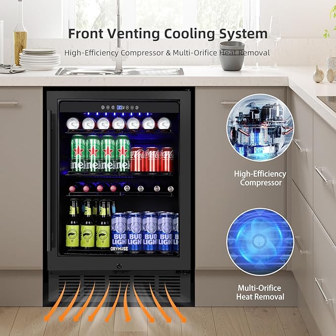 ORYMUSE Beverage Refrigerator 24 Inch, 180 Can Drink Fridge with Glass Door, Under Counter or Freestanding Beverage Cooler for Soda, Beer, Wine – Quiet Cooling for Kitchen, Bar, Office, Black