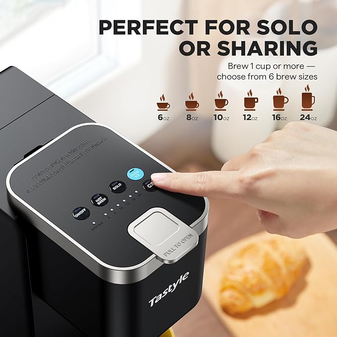 Tastyle Single Serve Coffee Maker, Iced and Hot Coffee Machine for K Cup & Grounds, Compact Design, 40oz Removable Water Reservoir, 6 to 24 Oz Brew Sizes, Fits 7.3" Travel Mug, Black