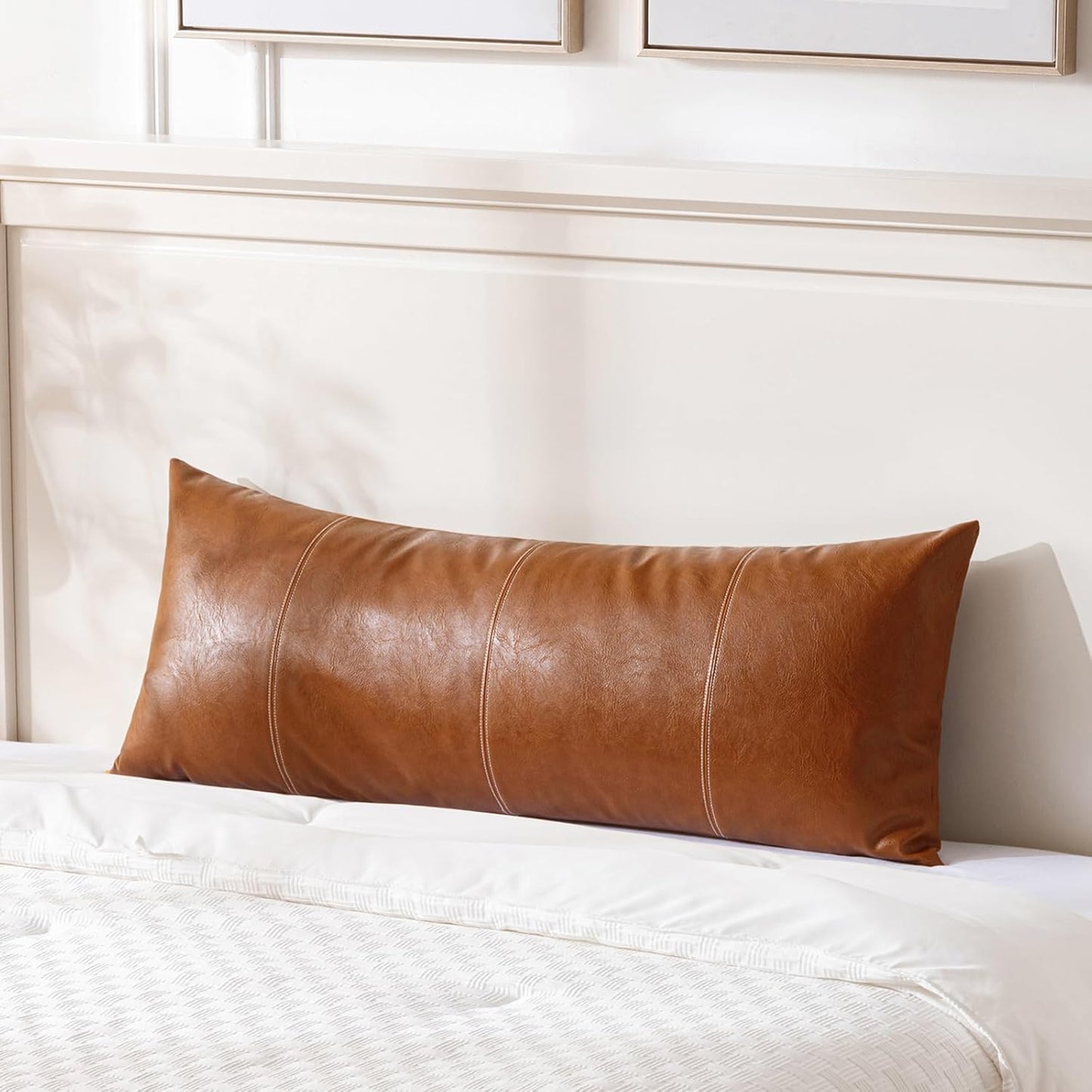 Fancy Homi Brown Boho Long Lumbar Faux Leather Body Decorative Throw Pillow Cover 21x54 Inch for Bedroom Couch Bed Sofa Bench, Hand Stitched Stylish Pillowcase, Rustic Modern Farmhouse Room Decor