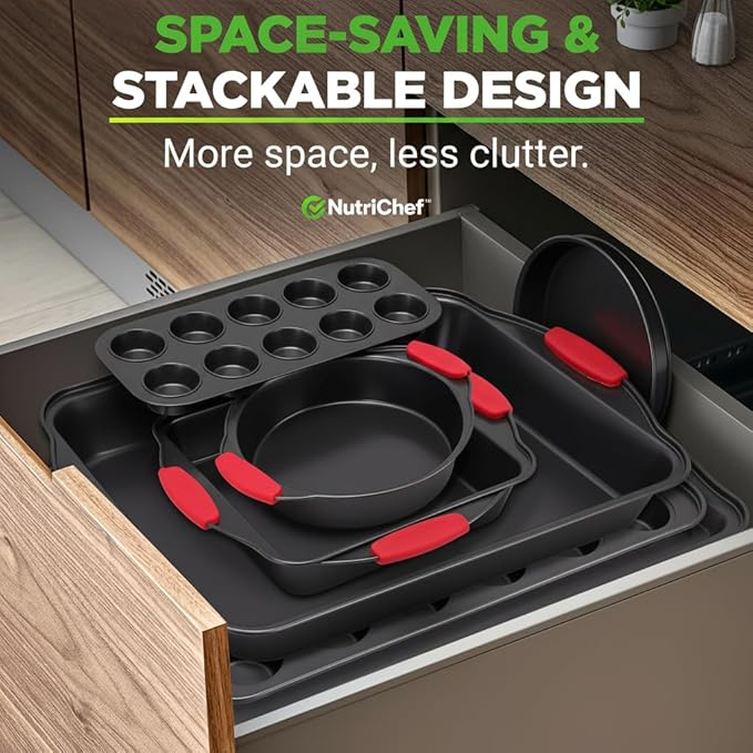 NutriChef 10-Piece Nonstick Kitchen Oven Baking Pans - Premium & Stylish Non-Stick Carbon Steel - Commercial Grade Restaurant Quality Metal Bakeware with Silicone Handles - Easy to Clean, NCSBS10S