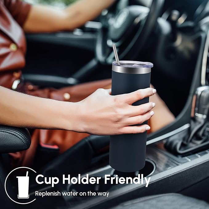 Volhoply 8 Pack Skinny Tumblers with Lid and Straw, 20oz Stainless Steel Straight Tumbler Bulk, Vacuum Insulated Coffee Mug for Home, Office, Travel, DIY (Navy,8 Pack)