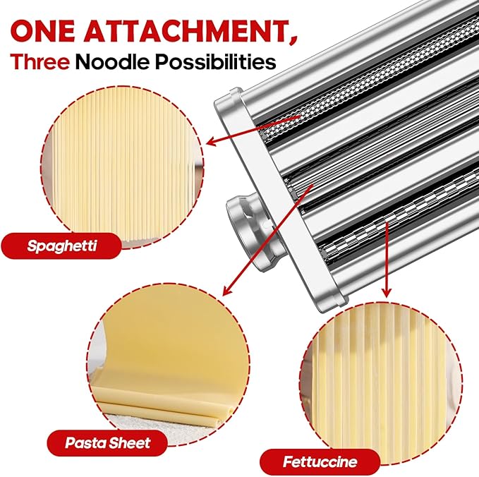Stainless Steel Pasta Attachment for KitchenAid Stand Mixer, 3-in-1 Pasta Maker with Pasta Roller, Spaghetti & Fettuccine Cutters, Food-Grade KitchenAid Pasta Attachment for Homemade Noodles