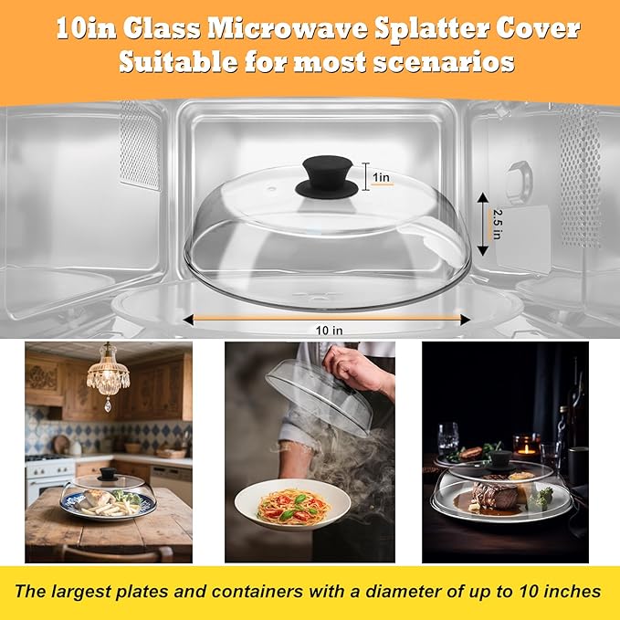 10in Glass Microwave Splatter Cover for Food, 10in Glass Microwave Cover for Food, Microwave Plate Lid with Vent Holes & Easy-Grip Handle, Dishwasher Safe, No Plastic, Food Grade,