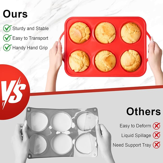 Puyeipt Jumbo Muffin Pan with Metal Frame, 6 Cup Large Cupcake Mold with Handles, Silicone Egg Bite Baking Tray, BPA Free & Non-Stick
