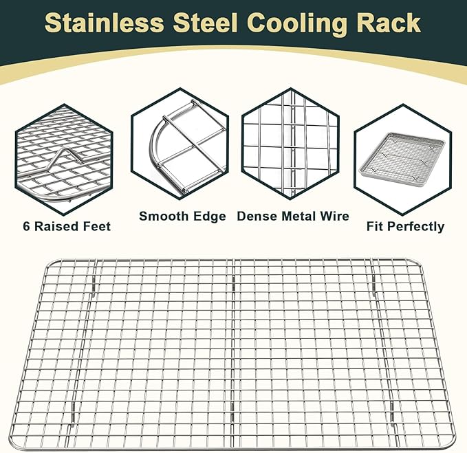 Wildone Baking Sheet with Rack Set (2 Pans + 2 Racks), Natural Aluminum Commercial Quality Cookie Sheet with Cooling Rack, Nonstick Baking Pan, Warp Resistant & Heavy Duty, Half Sheet Size