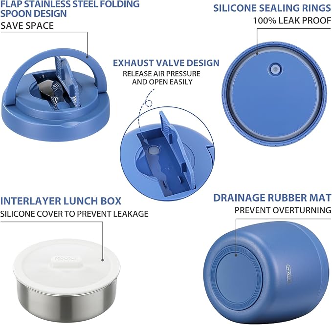wiwens Thermo Food Jar for Hot Food Adults 32OZ Soup Thermo Lunch Containers Wide Mouth Vacuum Insulated Stainless Steel Leakproof Bento Box with Spoon (Blue)