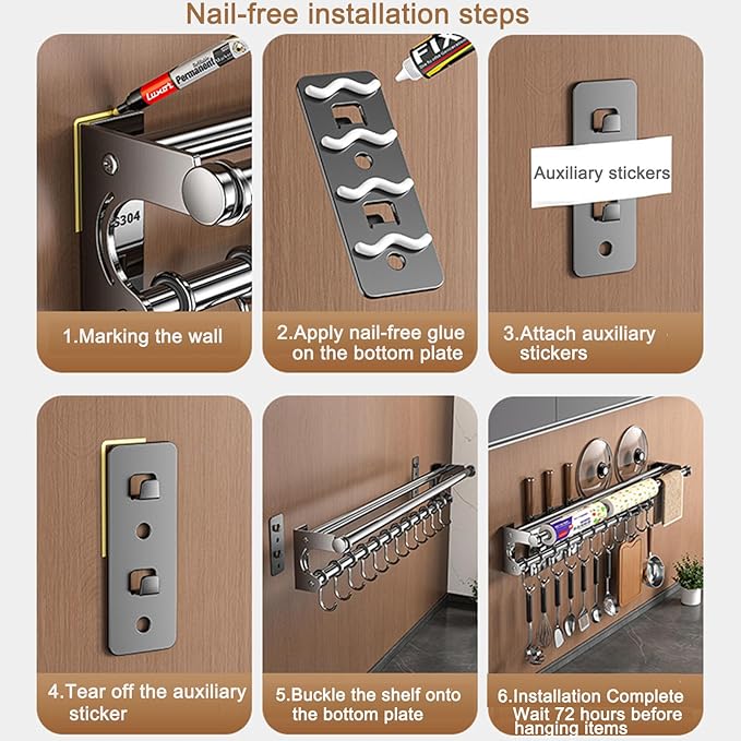 Hanging Wall Mount Knife Wall Mount,Kitchen Utensil Hanger,Space-Saving Kitchen Utensil Rack with Hooks,Kitchen Storage Shelf for Utensils Spatula Spoon, Easy to Clean (Black, 40CM+8Hook)