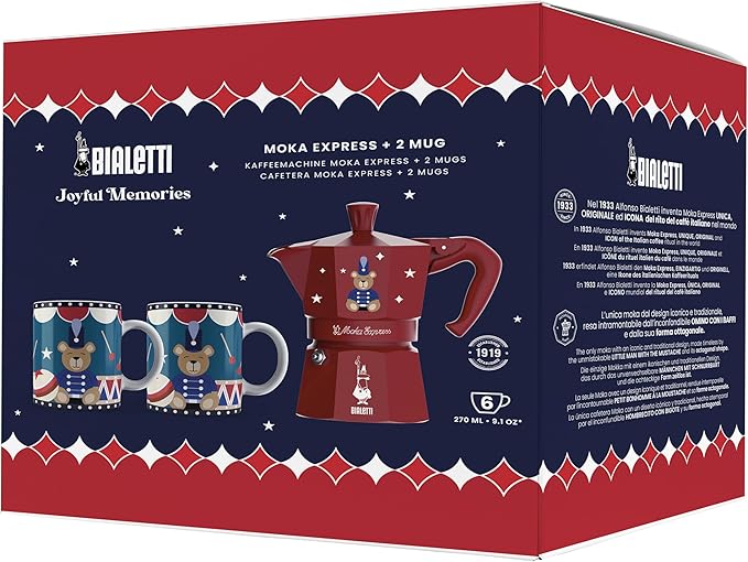 Bialetti Moka Express Iconic Italian Stovetop Espresso Maker (Red/Blue, 6 Cups Set)