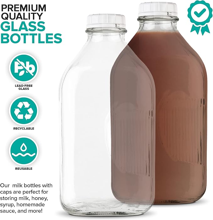Stock Your Home Half Gallon Glass Milk Bottle with Lid (4 Pack) 64 Oz Jugs and 8 White Caps, Reusable Food Grade Milk Container for Refrigerator, Bottles for Juice, Oat or Plant Milks, Water, Honey