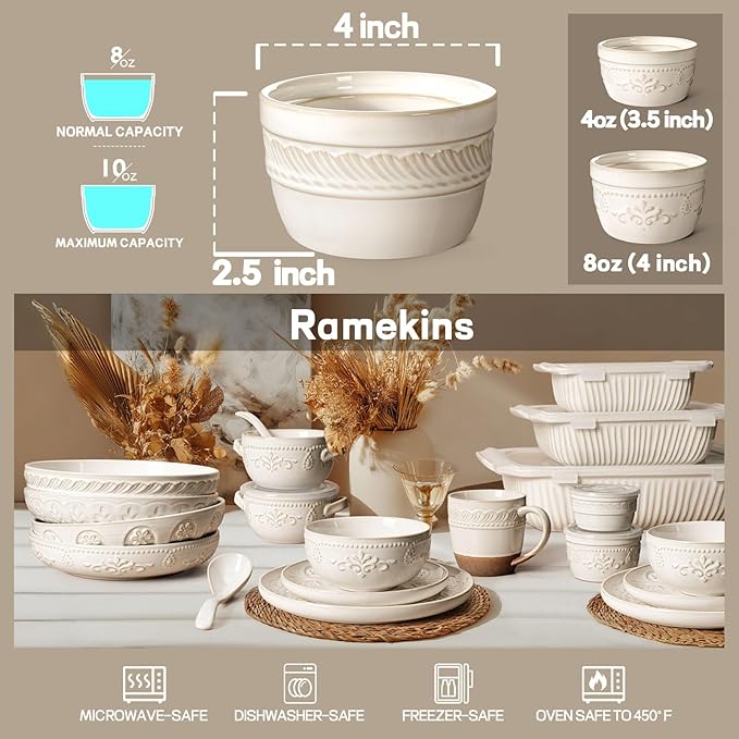 Artena Ramekins Oven Safe, Creme Brulee Ramekins, Embossed White Ceramic Ramiken, Souffle Pudding Custard Cups, Baking Dish, Dipping Bowls, Sauce Cups, Set Of 4 (Willow Leaf, 8 oz)