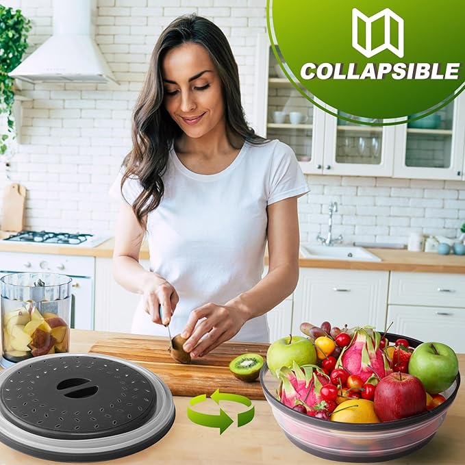 12" Microwave food Cover & Mat,Large Vented Collapsible Splatter Guard dish Plate lid & Silicone Round Kitchen mat