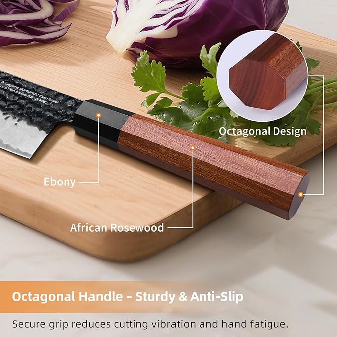 FINDKING Chef’s Knife 8 Inch, All Purpose Cooking Knife with High Carbon Steel Hammered Blade, Rosewood Octagonal Handle, for Meat, Fish, Fruits and Vegetables, Dynasty Series