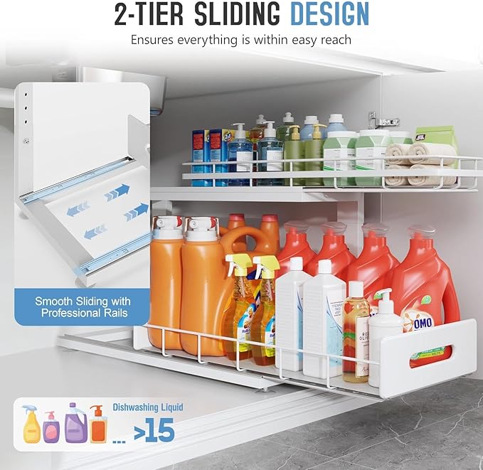 Under Sink Organizer Upgrade To Professional Rails,2-Tier Dual Pull Out Cabinet Storage,Height Adjustable Slide Out Drawers For Bathroom Kitchen,1 Pack-21"Dx12.8"-16.9"H,White