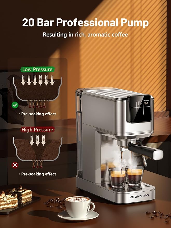 KEENSTAR 20Bar Espresso Machine with Rapid Cold Brew, Hot & Iced Coffee Makers, Stainless Steel Espresso Maker with Milk Frother Steam Wand, Touch Screen with Water Tank for Latte, Cappuccino, Gift