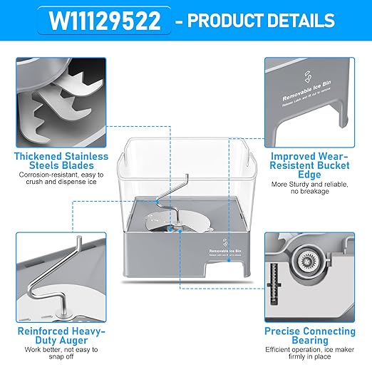Upgraded W11129522 Refrigerator Ice Bucket Compatible with KitchenAid Ice Maker Replacement W10564750 Whirlpool Removable Ice Bin KRFF707ESS01 KRMF706ESS01 Kitchenaid Ice Bucket Ice Container Ice Tray