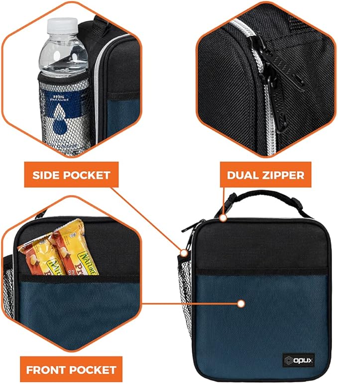 opux Premium Insulated Lunch Box, Soft School Lunch Bag for Kids Boys Girls, Leakproof Small Lunch Pail Men Women Work, Reusable Compact Cooler Tote Lunchbox for Office Adult, Navy