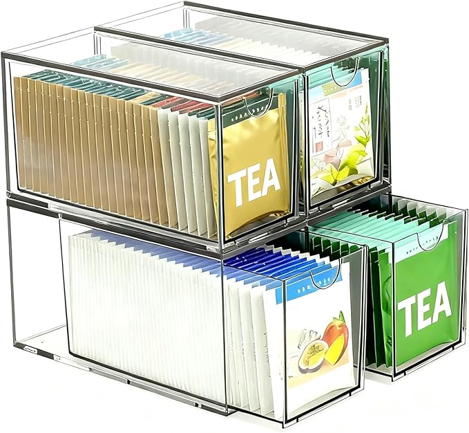 4 Pack Stackable Tea Bag Storage Organizer Drawers – Clear Acrylic Tea Bag Holder for Cabinet, Drawer, Pantry, Countertop – Kitchen Tea Storage Container