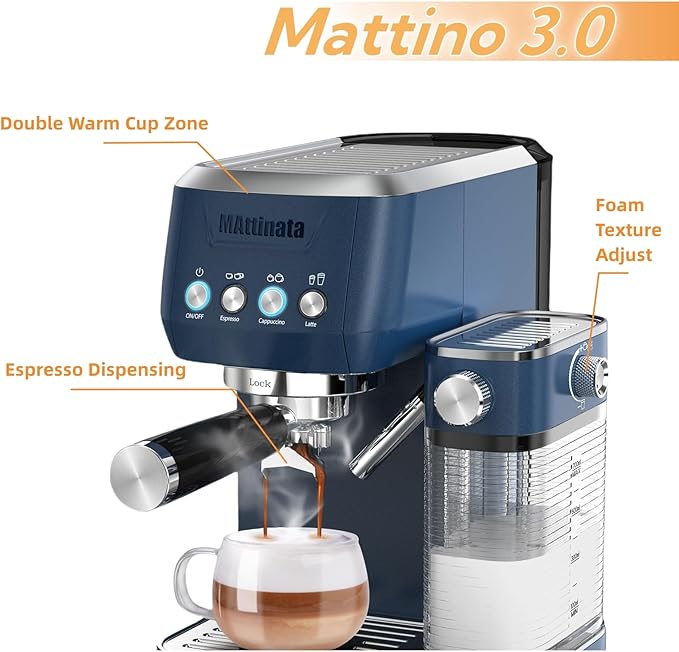 MAttinata Cappuccino Machine 20 Bar, Professional Espresso Machines for Home and Office with Automatic Milk Frothering System, Barista Compact Latte Maker for Coffee Lovers, Stainless Steel-Blue