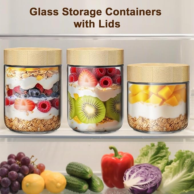 6 Pack 16oz Glass Jars with Bamboo Lids, Overnight Oats Containers with Airtight Lids, Storage Containers Wide Mouth Mason jars for Salad,Yogurt, Sugar, Snacks, Spices