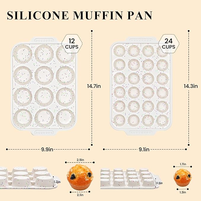 Vinino Silicone Cupcake Pan Set with Metal Reinforced Frame, Regular 12 Cup and Mini 24 Cup Muffin Pans for Baking with Non-Slip Handle, Nonstick Muffin Tray for Oven, BPA Free, Dishwasher Safe
