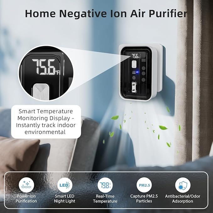 Plug-In Air Ionizers & Ionic Air Purifier,Negative Ion Generator, with Temperature Display,Ozone Free Filterless Odor Eliminator, Pet & Litter Box Deodorizer, Quiet Bedroom/Kitchen/Bathroom Freshener