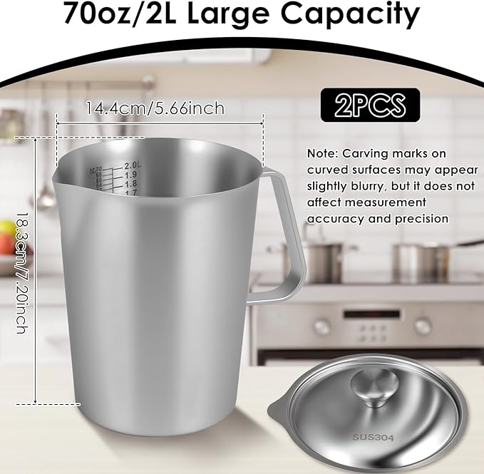 2 Pcs Stainless Steel Pitcher with Lid, 2 L/70 OZ Large Metal Measuring Cup with Marking and Handle, Large Mouth Graduated Beakers, Milk Frothing Jug Metal Pitcher for Coffee Latte Art, Hot/Cold Water