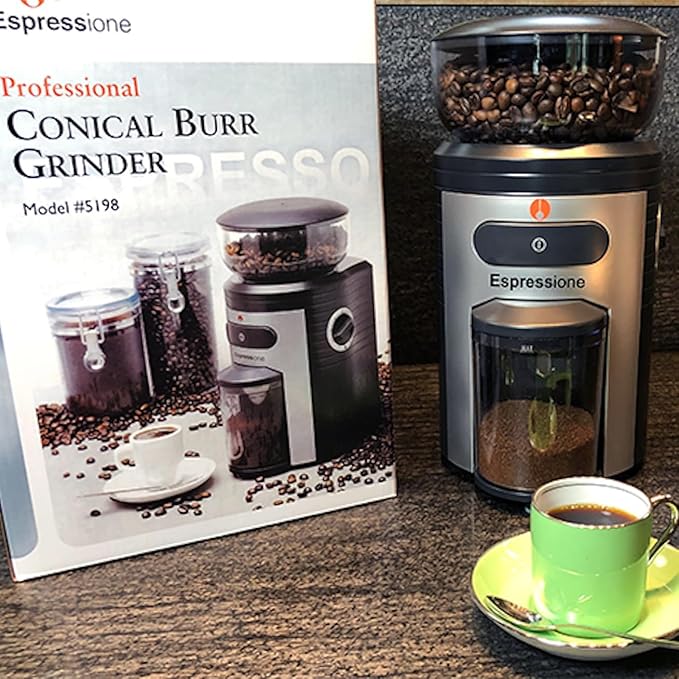 Espressione Professional Conical Burr Coffee Grinder, Black/Silver, 8.5-Oz.
