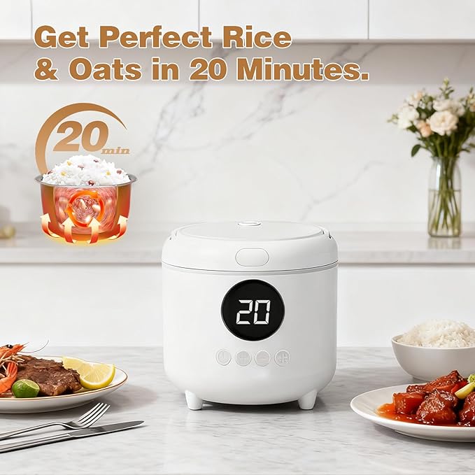 Small Rice Cooker, 2-Cups Uncooked/4-Cups Cooked with Handle, 6 Intelligent Cooking Modes for White Rice, Quinoa, Oatmeal - with Nonstick Inner Pot, Measuring Cup & Serving Spoon, 1.6L Capacity