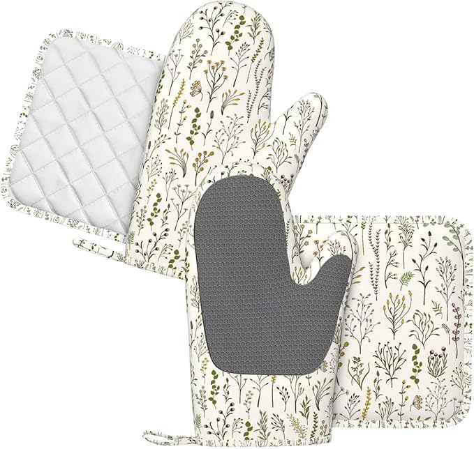 Colorful Wildplants Oven Mitts and Pot Holders Sets Silicone Wildflowers Kitchen Oven Mitts Hot Pads Heat Resistant Beige Potholders Kitchen Mitts Set for Baking BBQ Cooking